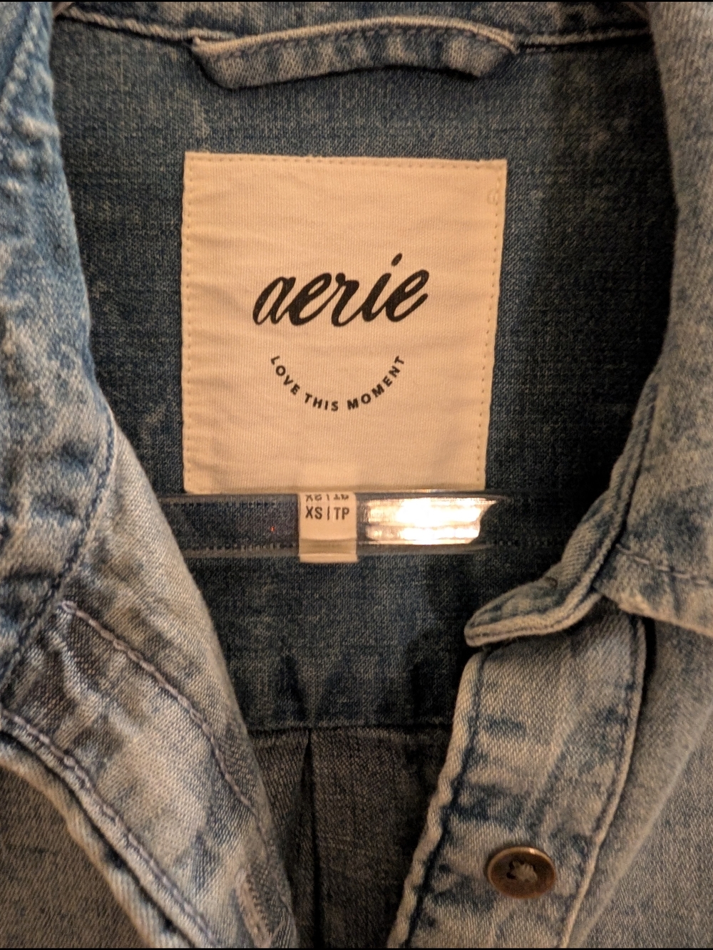 90s AERIE Light Acid Wash Oversized Denim Button Up Moto Grunge Shirt Jacket XS - Picture 4 of 15